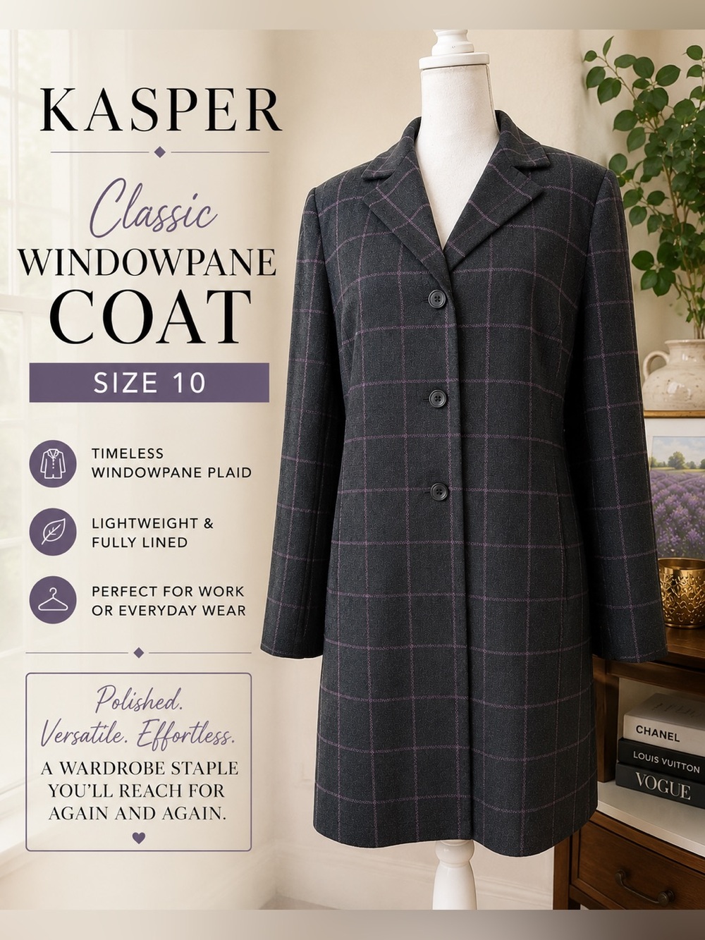Vintage Kasper Gray Coat with Pink Windowpane Plaid